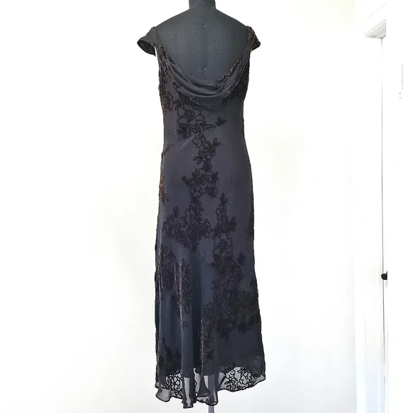 Vintage Y2K Silk Romantic Dark Floral Velvet Burnout Midi Dress - Picture 11 of 11